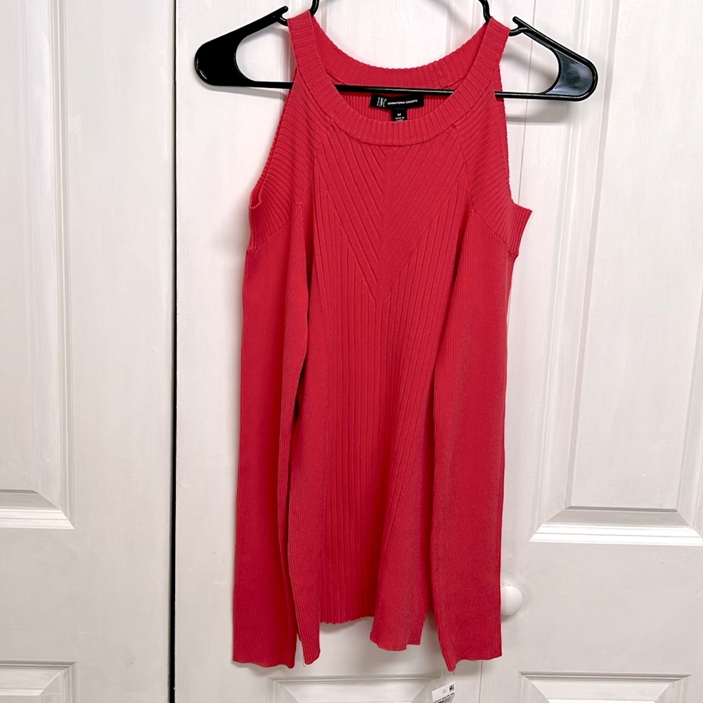 INC Coral Lipstick Pink Cold Shoulder Long Sleeve Knit Top Size M NWT